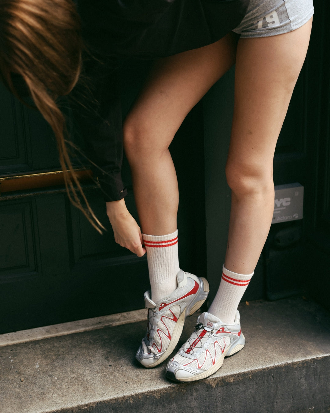 The Varsity Midi Grip Socks - Red Stripes
