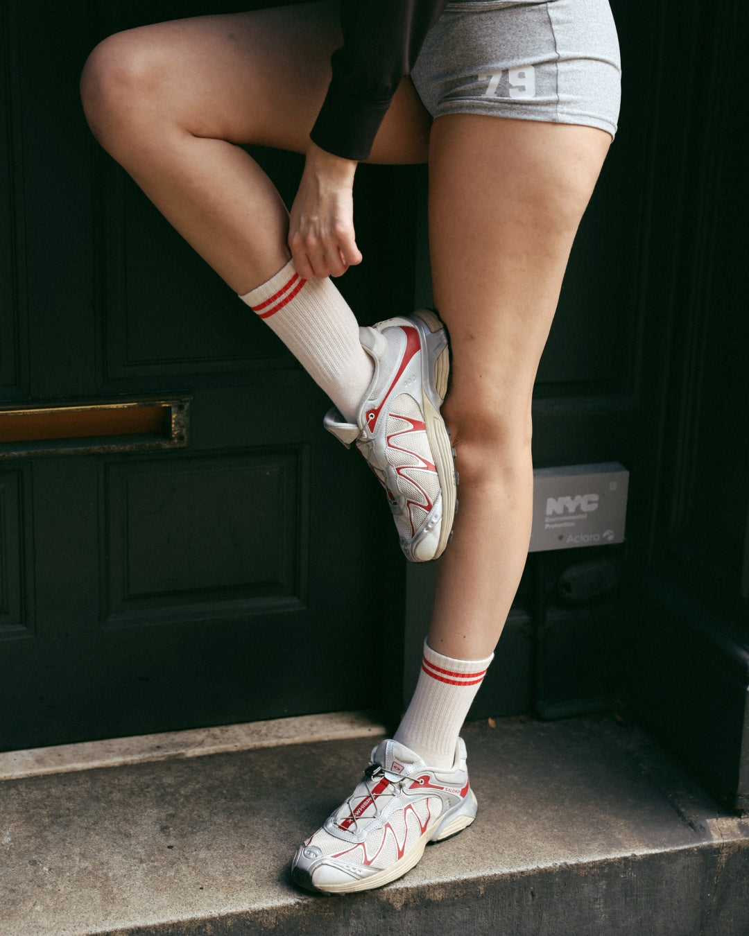 The Varsity Midi Grip Socks - Red Stripes
